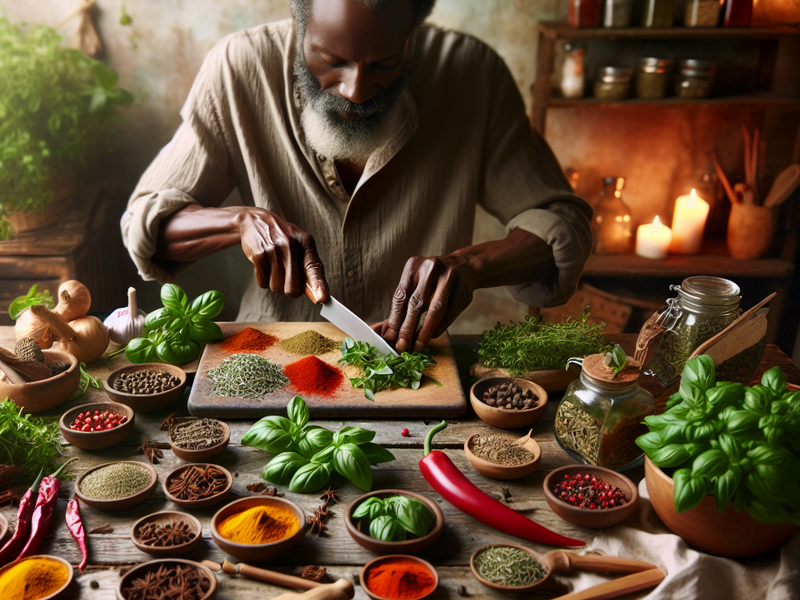 Person preparing spices and herbs in the kitchen