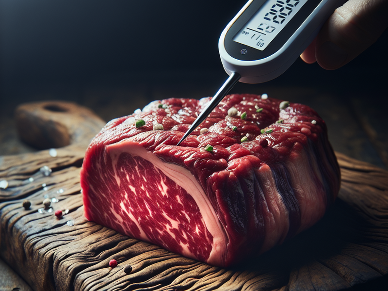 Meat thermometer in a well-marbled piece of beef