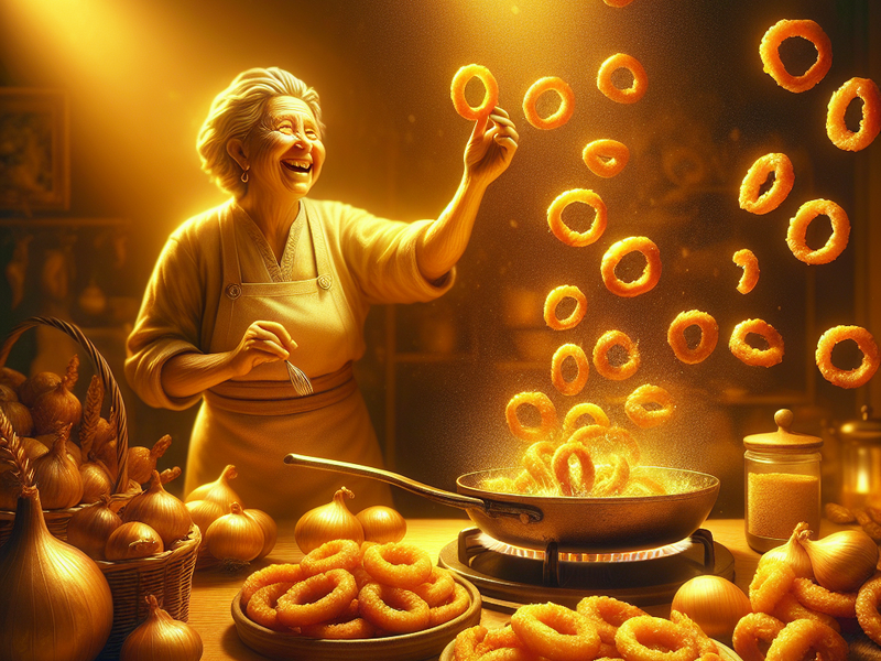 Anéis de cebola fritando na cozinha