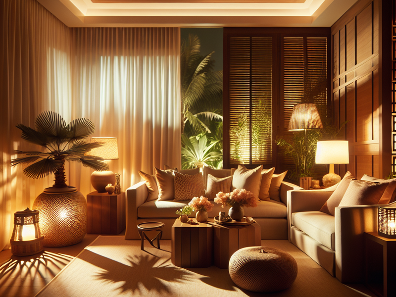 Cozy living room illuminated by warm lights