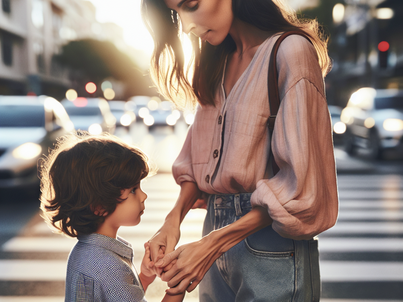 Mother and Child Crossing Street